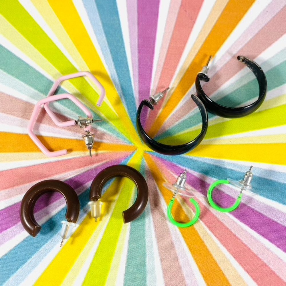 4 pairs of vintage hoop pierced earrings Neon Green, Brown, Pastel Pink, Black